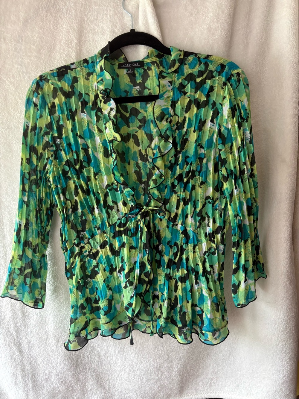 Notations Green & Teal Patterned Ruffle-Front Blouse